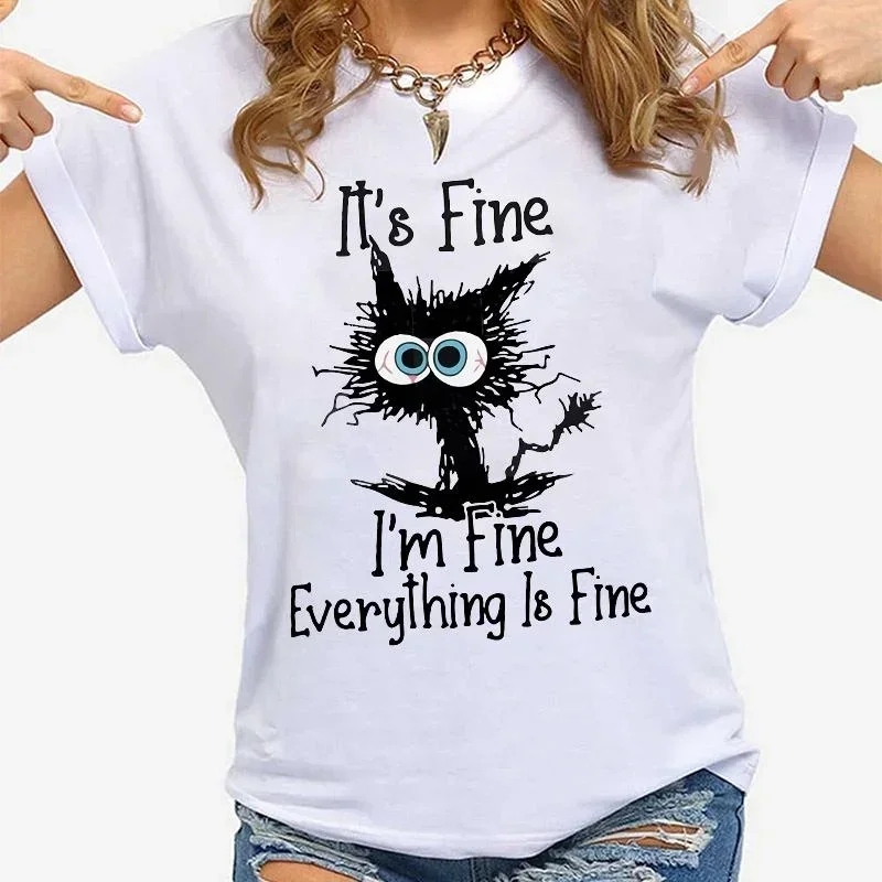 Women Clothes Cat It's Fine I'm Fine Everything Is Fine Print T-shirts Summer Casual Fashion Personalized Woman Clothing - Image 4