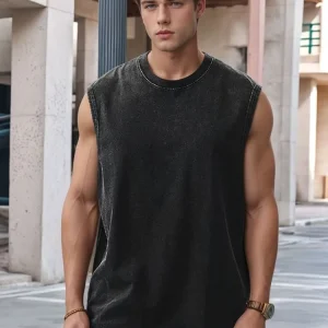 Summer Men's Washed Cotton Tank Tops Muscle Gym Sleeveless Workout T Shirts Running Beach Loose Cutoff Tees