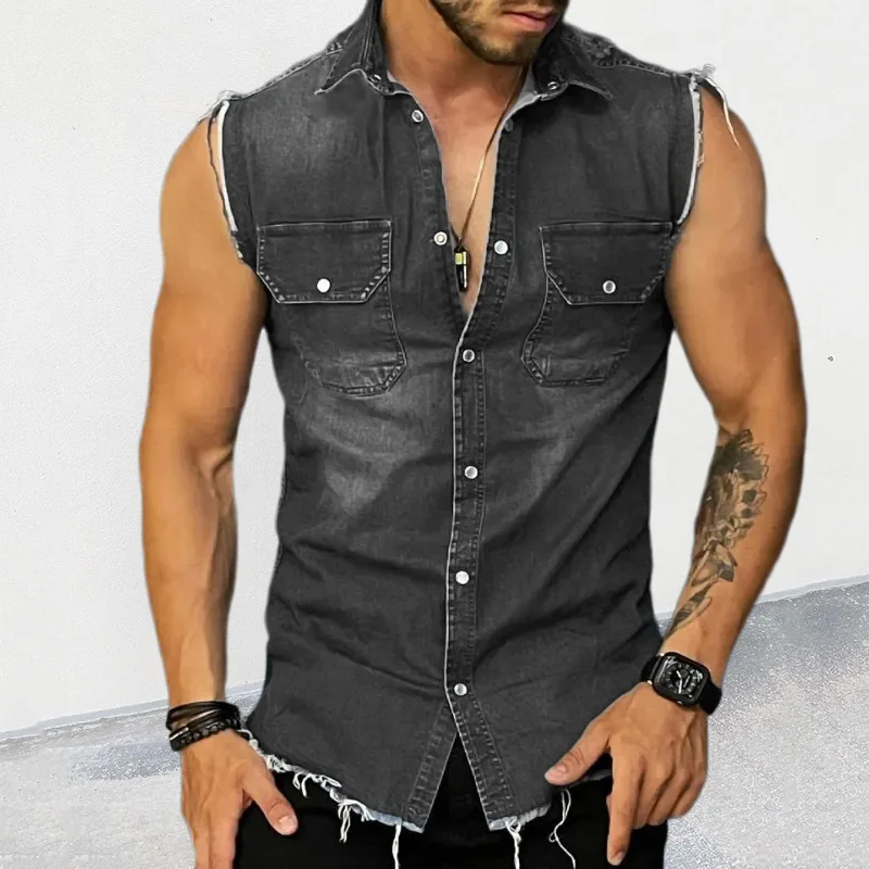 Denim Tank Tops Men's Trendy Shirts Denim Cardigan Lapel Sleeveless Top Men Tank Top Singlet Men Summer Clothing Streetwear - Image 3