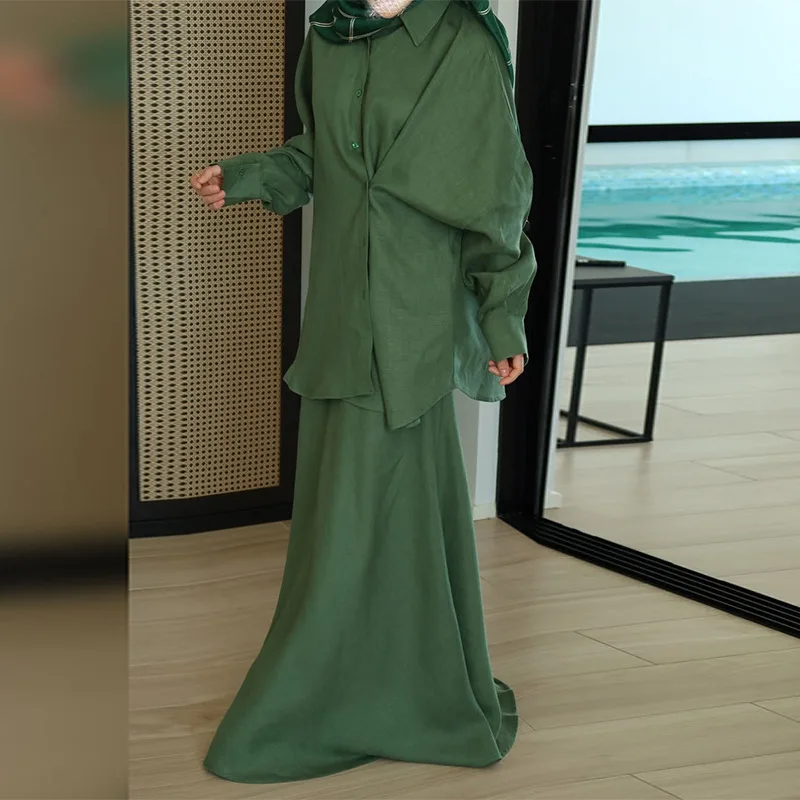 Women's Clothing 2025 Summer New Fashion Design Sense Lapel Long Sleeved Shirt High Waist Skirt Set - Image 4