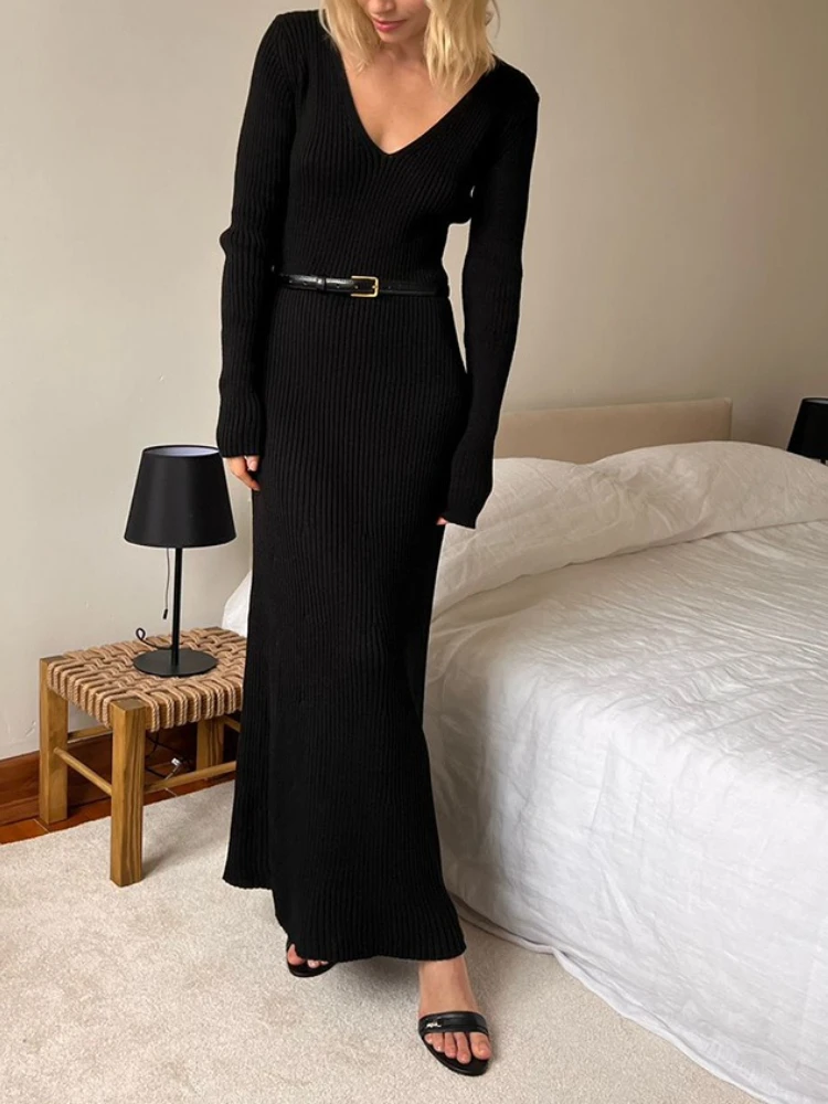 Female Clothing 2025 New in Autumn and Winter Fashion Solid Color V-neck Long Sleeve Slim Elegant Casual Women’s Dresses - Image 3