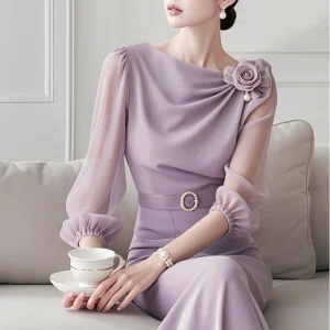 New women's clothing set for early autumn, light luxury, high-end, feminine purple chiffon shirt  blouse women