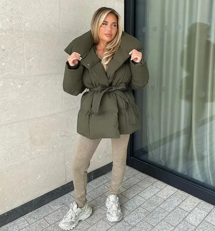 2025 Women's Clothing Parkas Warm-Weather Waist-Defining Long-Sleeve Tie-Waist Loose-Fit Solid-Color Fashionable Cotton Coat - Image 7