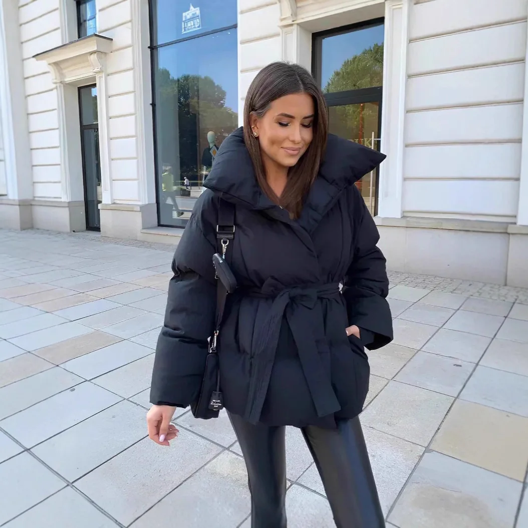 2025 Women's Clothing Parkas Warm-Weather Waist-Defining Long-Sleeve Tie-Waist Loose-Fit Solid-Color Fashionable Cotton Coat - Image 4