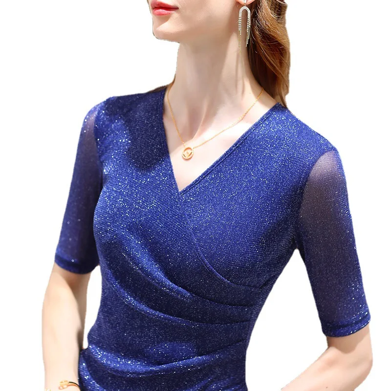 Women's Clothing 2022 Latest Fashion Blouses Elegant Summer T Shirt Free Shiping Elastic Glitter Blouses or Tops for Woman - Image 5