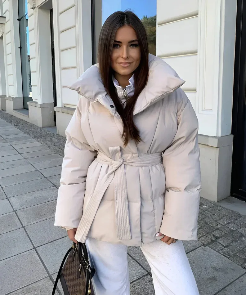 2025 Women's Clothing Parkas Warm-Weather Waist-Defining Long-Sleeve Tie-Waist Loose-Fit Solid-Color Fashionable Cotton Coat - Image 9