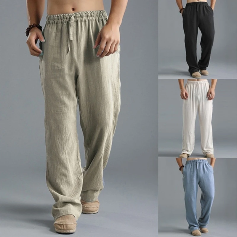 Men's Casual Trousers Home Pants 2023 New Man Cotton Linen Large Size white Straight trousers Solid Beach black Fitness Pants - Image 3