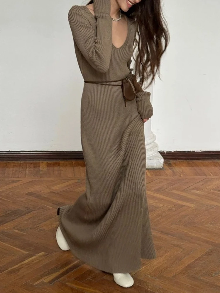 Female Clothing 2025 New in Autumn and Winter Fashion Solid Color V-neck Long Sleeve Slim Elegant Casual Women’s Dresses - Image 2