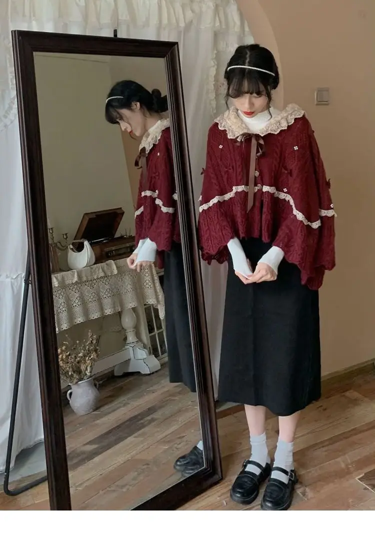 Women Clothing 2022 Autumn Winter Vintage Lovely Lace Doll Neck Wine Red Sweater Languid Breeze Soft Waxy Sweet Sweater Women - Image 2