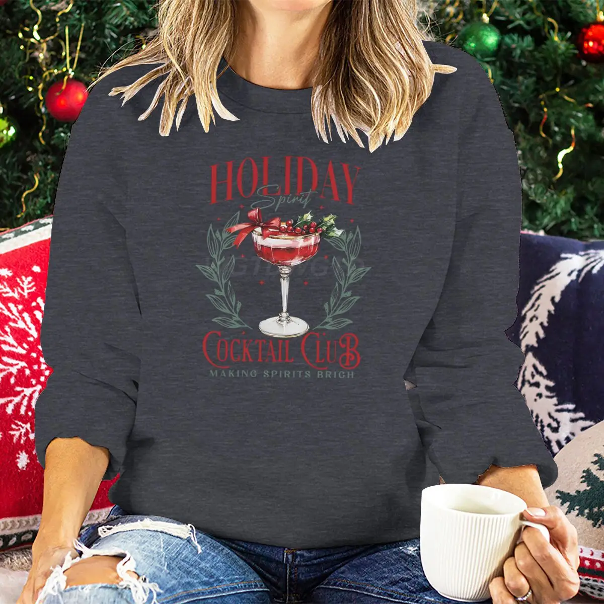 Women's Clothing Christmas Spirit Cocktail Club Design Women Sweatshirt Graphic Casual Long Sleeves Tops Festive Outfits Clothes - Image 15