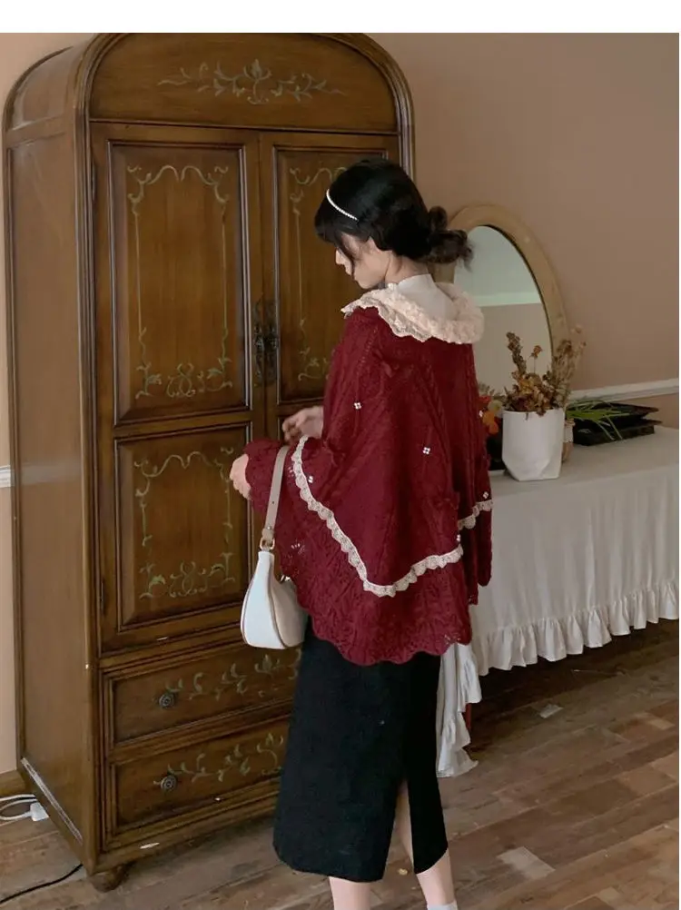 Women Clothing 2022 Autumn Winter Vintage Lovely Lace Doll Neck Wine Red Sweater Languid Breeze Soft Waxy Sweet Sweater Women - Image 3