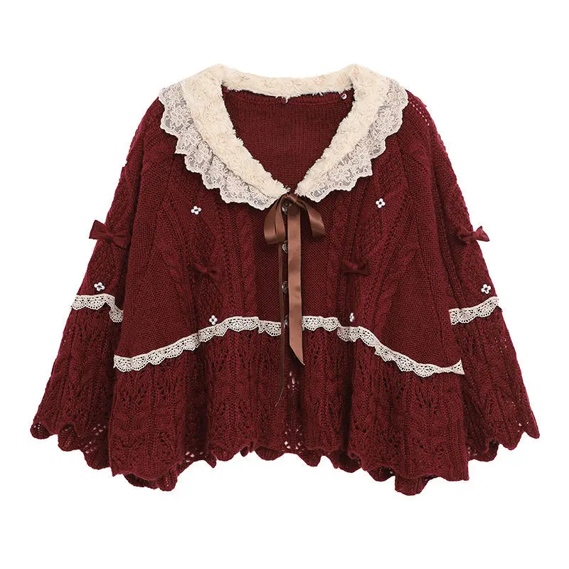 Women Clothing 2022 Autumn Winter Vintage Lovely Lace Doll Neck Wine Red Sweater Languid Breeze Soft Waxy Sweet Sweater Women - Image 4