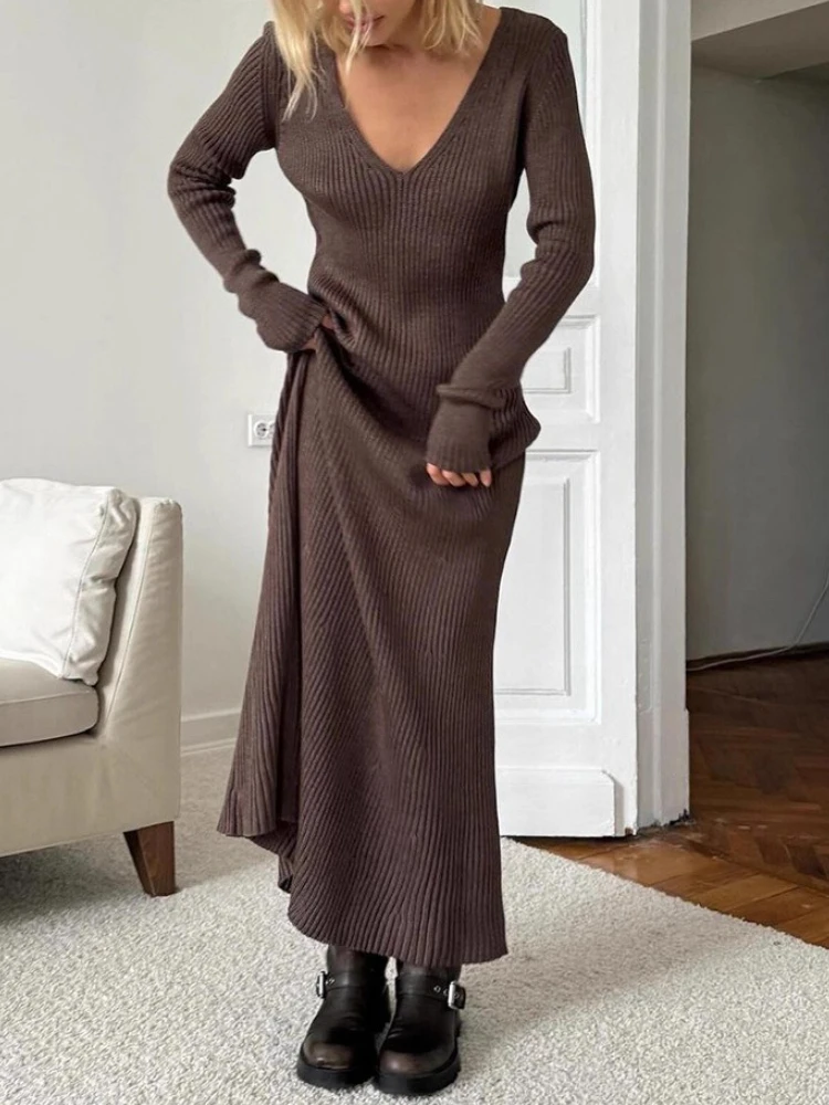 Female Clothing 2025 New in Autumn and Winter Fashion Solid Color V-neck Long Sleeve Slim Elegant Casual Women’s Dresses - Image 5