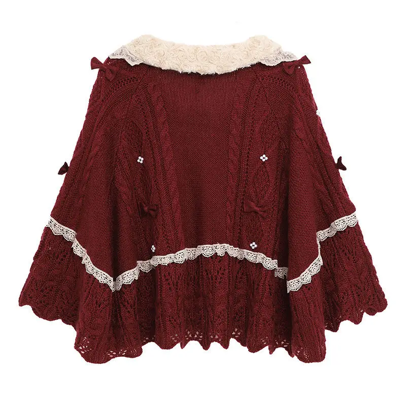 Women Clothing 2022 Autumn Winter Vintage Lovely Lace Doll Neck Wine Red Sweater Languid Breeze Soft Waxy Sweet Sweater Women - Image 5