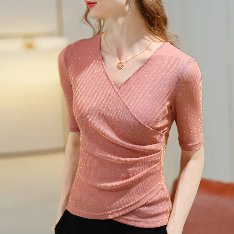 Women's Clothing 2022 Latest Fashion Blouses Elegant Summer T Shirt Free Shiping Elastic Glitter Blouses or Tops for Woman - Image 2