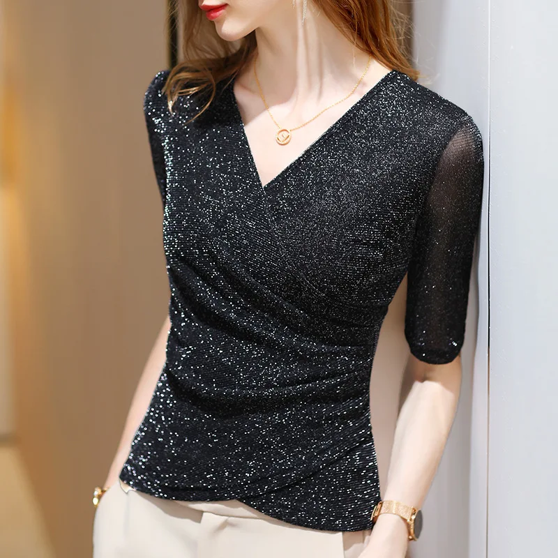 Women's Clothing 2022 Latest Fashion Blouses Elegant Summer T Shirt Free Shiping Elastic Glitter Blouses or Tops for Woman - Image 7