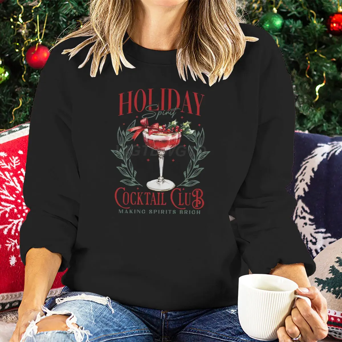 Women's Clothing Christmas Spirit Cocktail Club Design Women Sweatshirt Graphic Casual Long Sleeves Tops Festive Outfits Clothes - Image 2