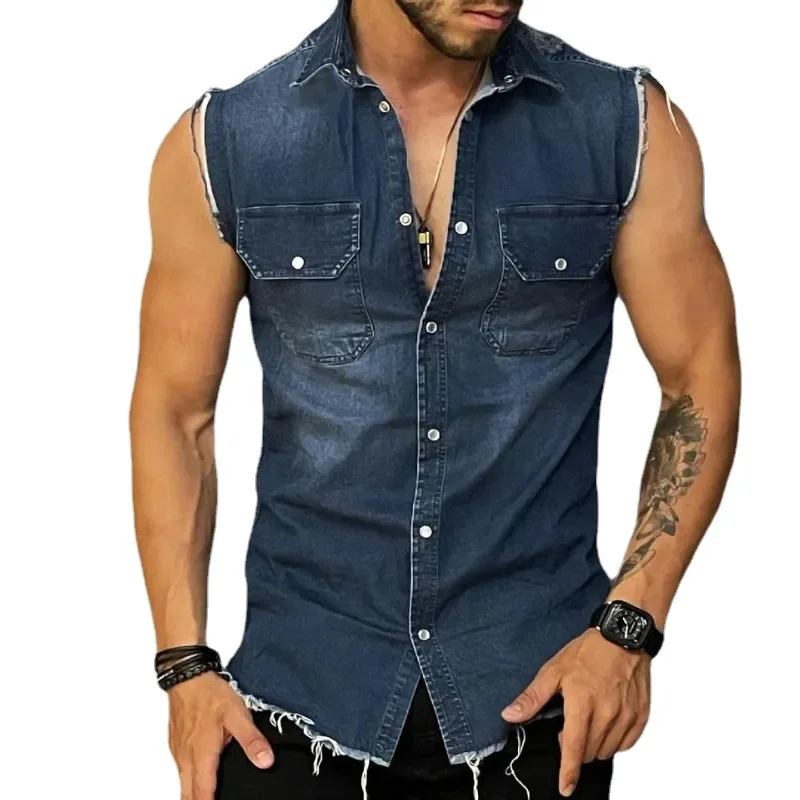 Denim Tank Tops Men's Trendy Shirts Denim Cardigan Lapel Sleeveless Top Men Tank Top Singlet Men Summer Clothing Streetwear - Image 5