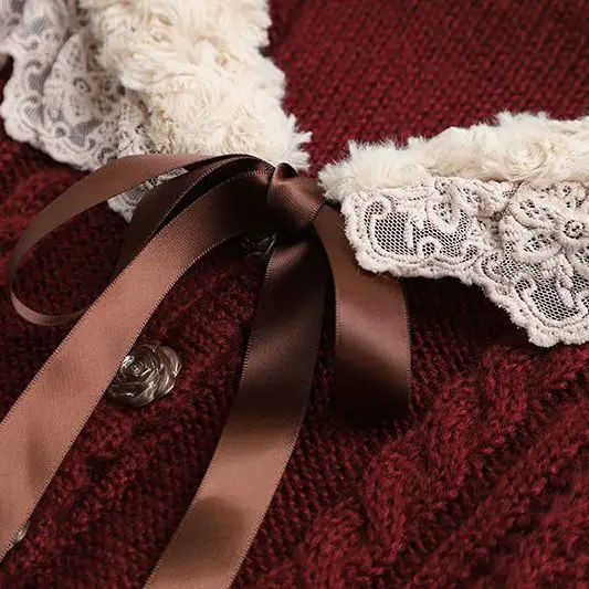 Women Clothing 2022 Autumn Winter Vintage Lovely Lace Doll Neck Wine Red Sweater Languid Breeze Soft Waxy Sweet Sweater Women - Image 6