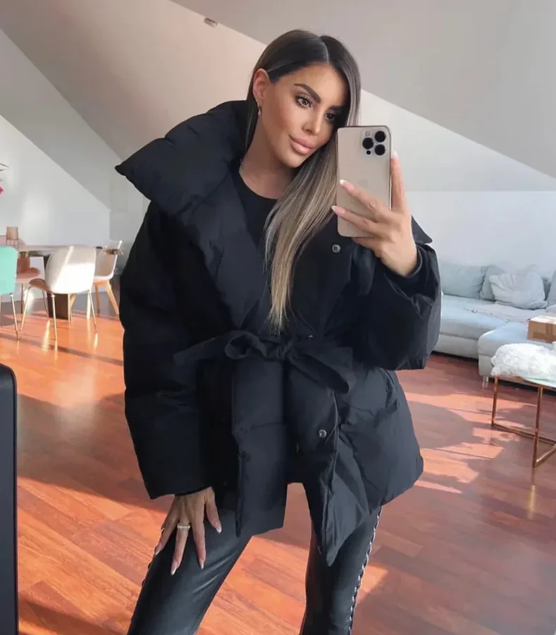 2025 Women's Clothing Parkas Warm-Weather Waist-Defining Long-Sleeve Tie-Waist Loose-Fit Solid-Color Fashionable Cotton Coat - Image 2