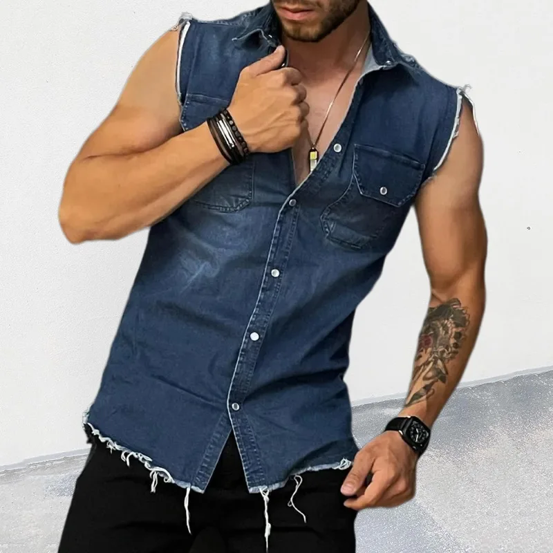 Denim Tank Tops Men's Trendy Shirts Denim Cardigan Lapel Sleeveless Top Men Tank Top Singlet Men Summer Clothing Streetwear - Image 2