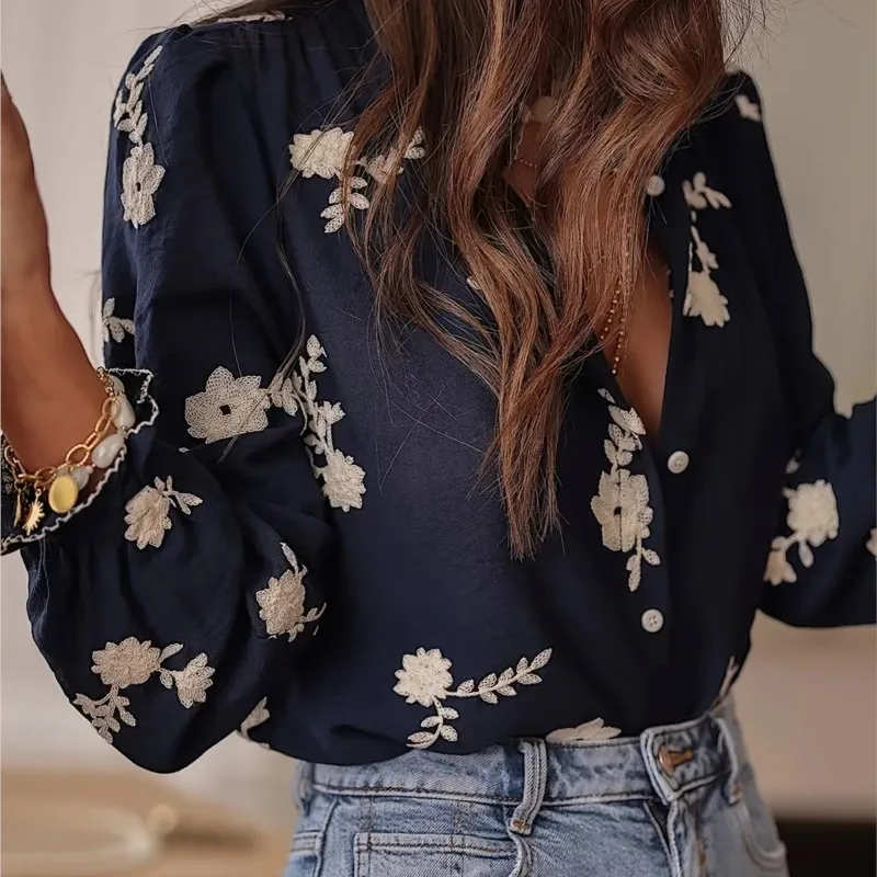 Women's Clothing 2025 Spring Autumn Fashion Casual Long-sleeved Printed Blouse with A Collar and Puff Sleeves Office Lady Shirt - Image 3