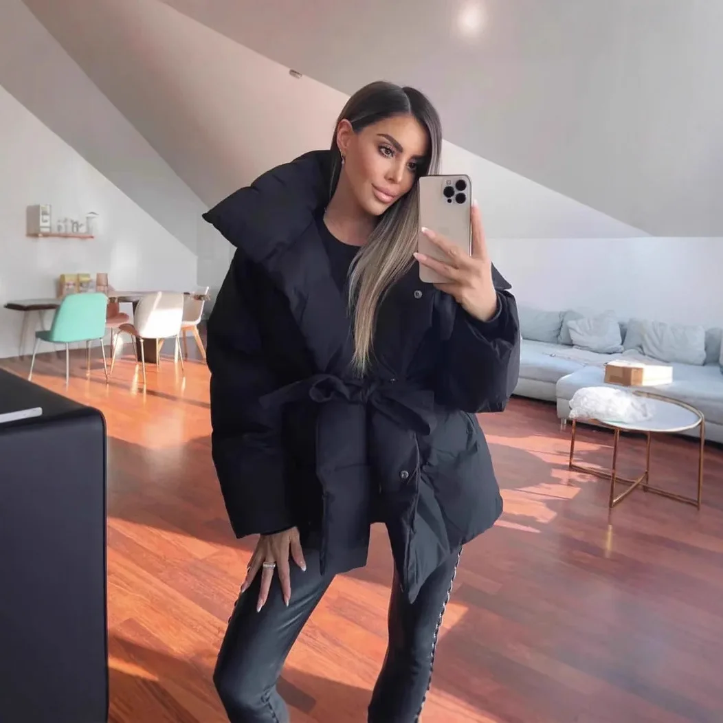 2025 Women's Clothing Parkas Warm-Weather Waist-Defining Long-Sleeve Tie-Waist Loose-Fit Solid-Color Fashionable Cotton Coat - Image 5