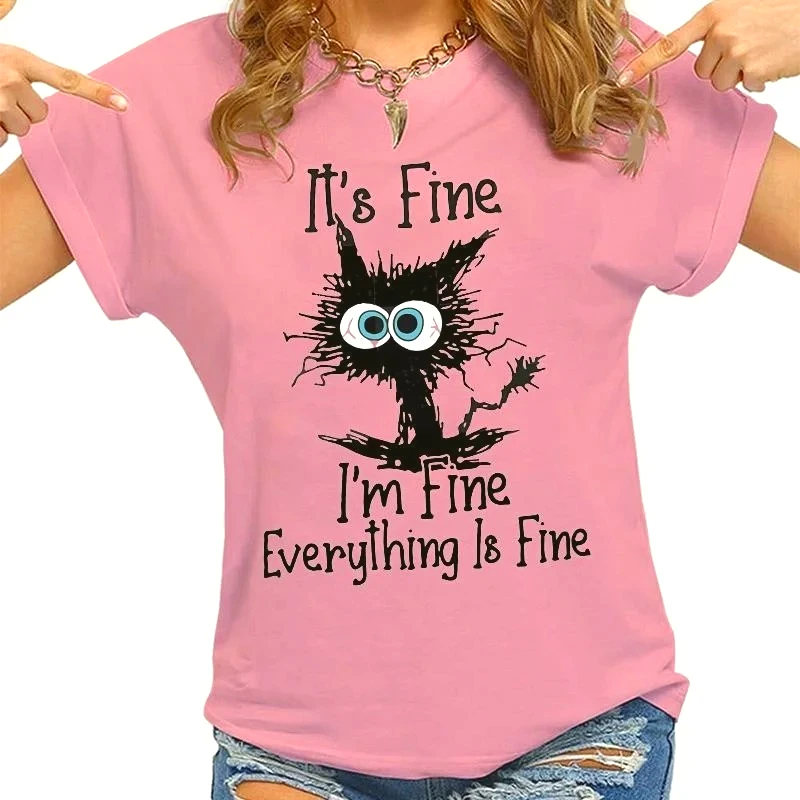 Women Clothes Cat It's Fine I'm Fine Everything Is Fine Print T-shirts Summer Casual Fashion Personalized Woman Clothing - Image 5
