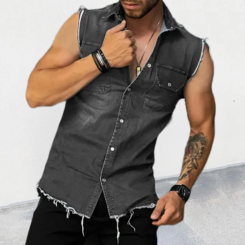 Denim Tank Tops Men's Trendy Shirts Denim Cardigan Lapel Sleeveless Top Men Tank Top Singlet Men Summer Clothing Streetwear - Image 4